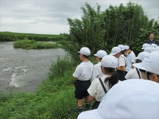 取水口の様子を見学しています。