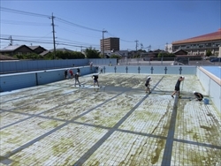 大プールを掃除する6年生です