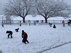 校庭で雪遊びをする児童の写真1