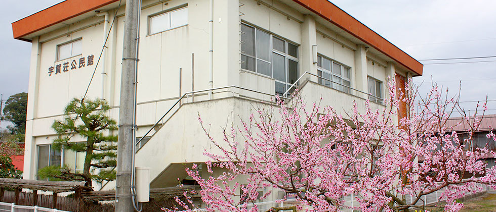 宇賀荘交流センターと桃の花