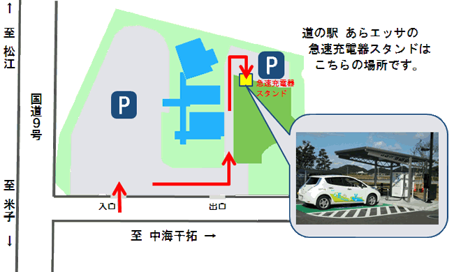 道の駅あらエッサの急速充電器スタンドの位置を示す図