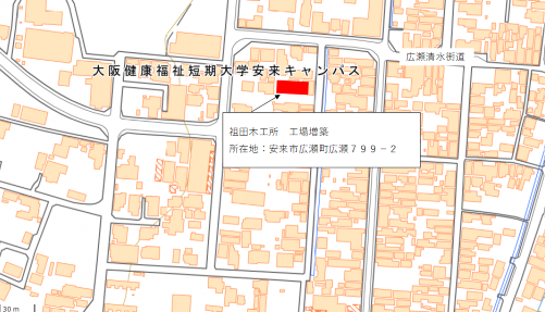 工場の増設を行う位置を表す地図です。祖田木工所本社の増設を行います。