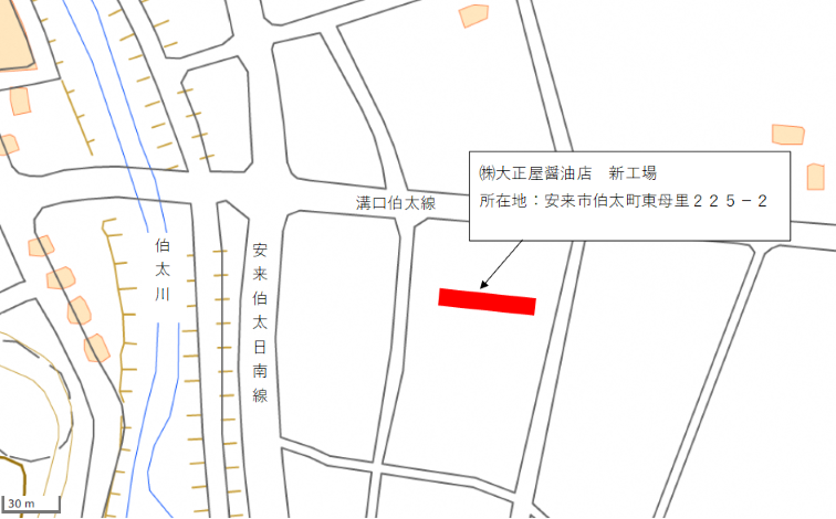 新工場の位置を表す地図です。現在店舗がある場所のそばに建築される予定です。