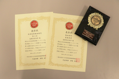 日本地域情報コンテンツ大賞の表彰状と盾の写真